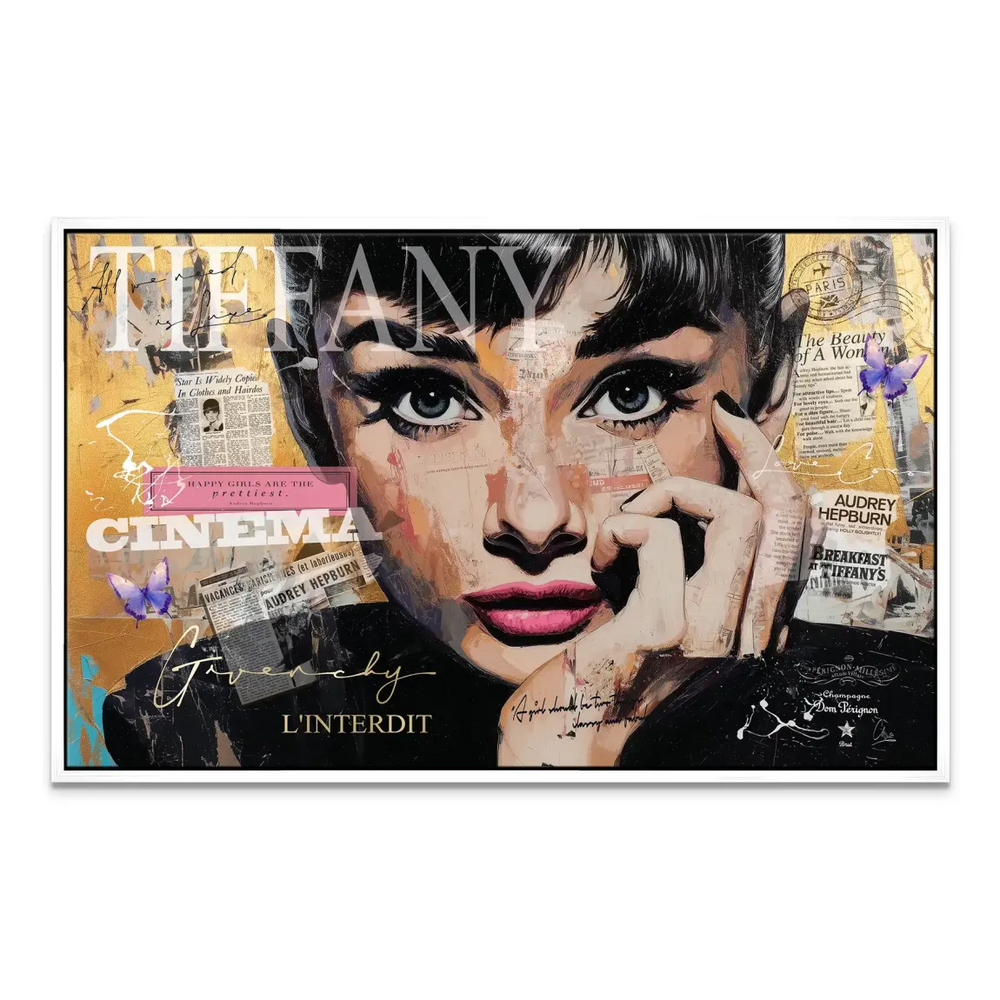 Close-up of the mixed-media texture blending retro print, bold graphics, and metallic finishes.