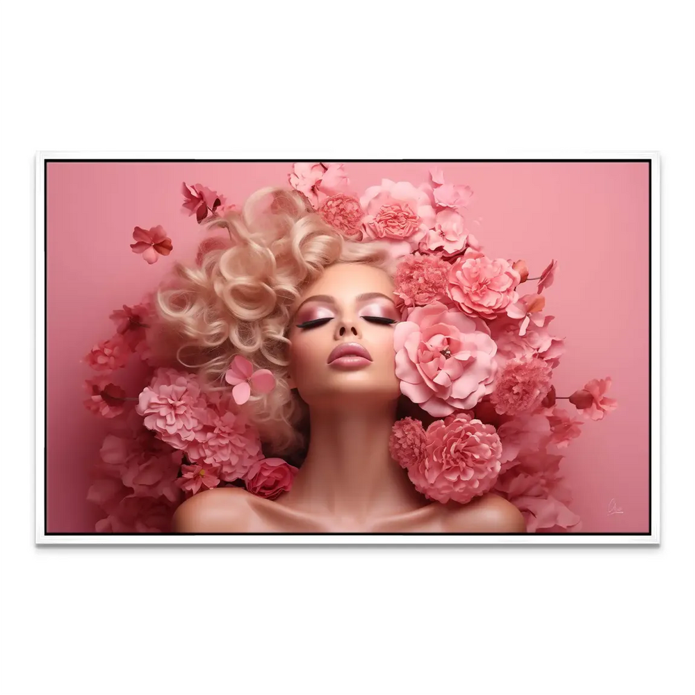 Dreamy pink floral artwork depicting a serene woman in a close-up shot.
