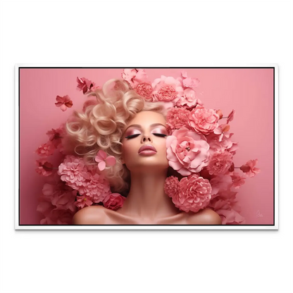 Dreamy pink floral artwork depicting a serene woman in a close-up shot.