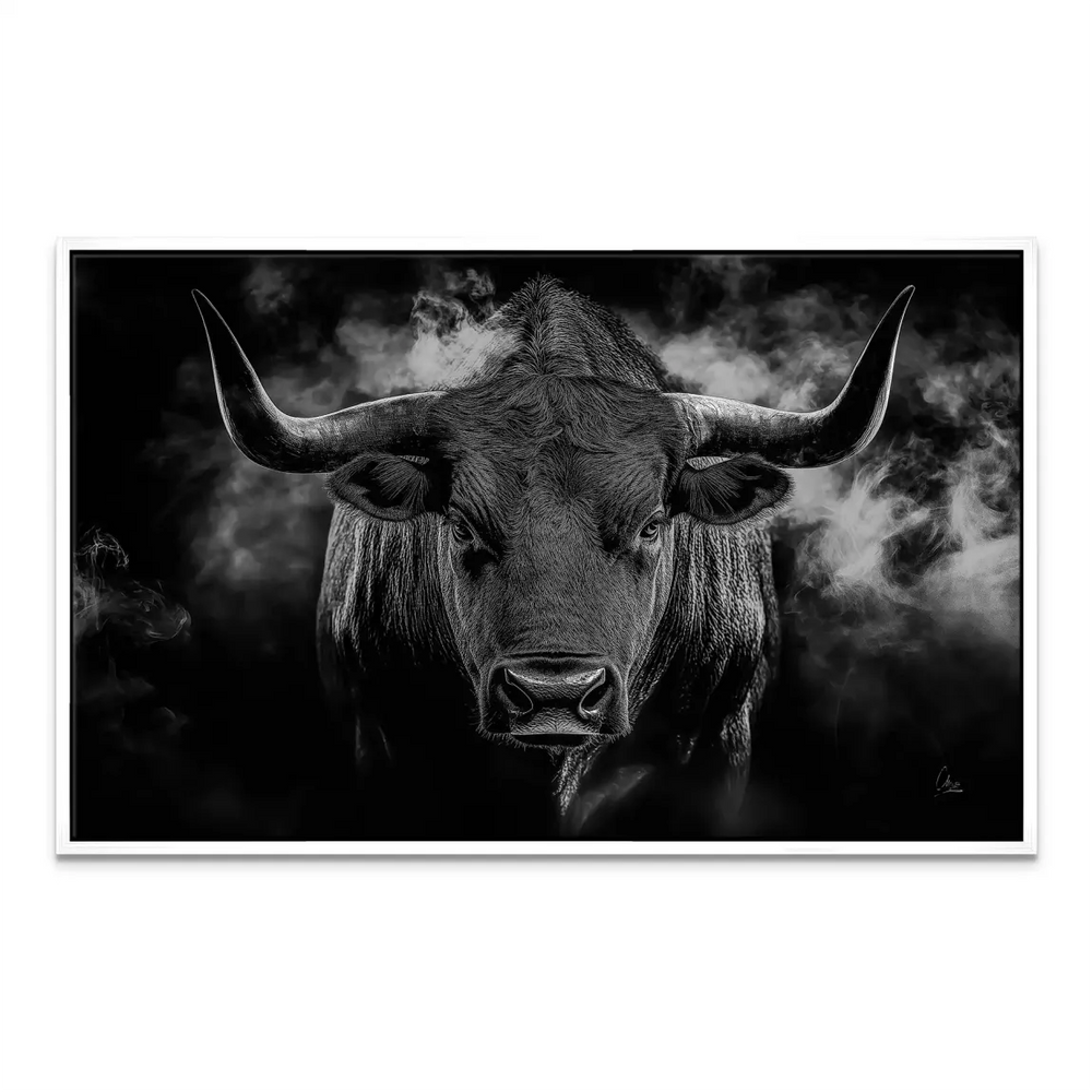 Minimalist bull wall art with dramatic mood and strong presence