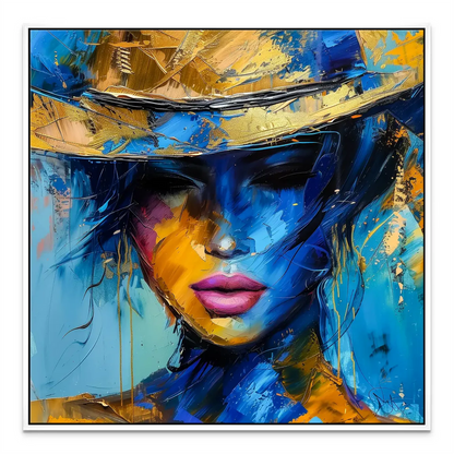 Wide-brimmed hat and stylized portrait in an eclectic interior setting
