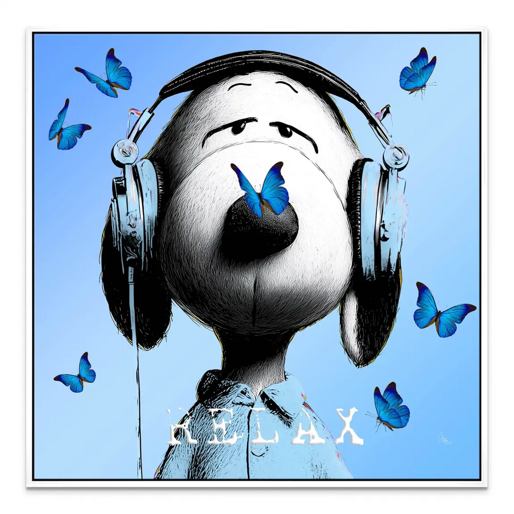 Overall canvas art scene featuring Snoopy, headphones, butterflies and calm tones