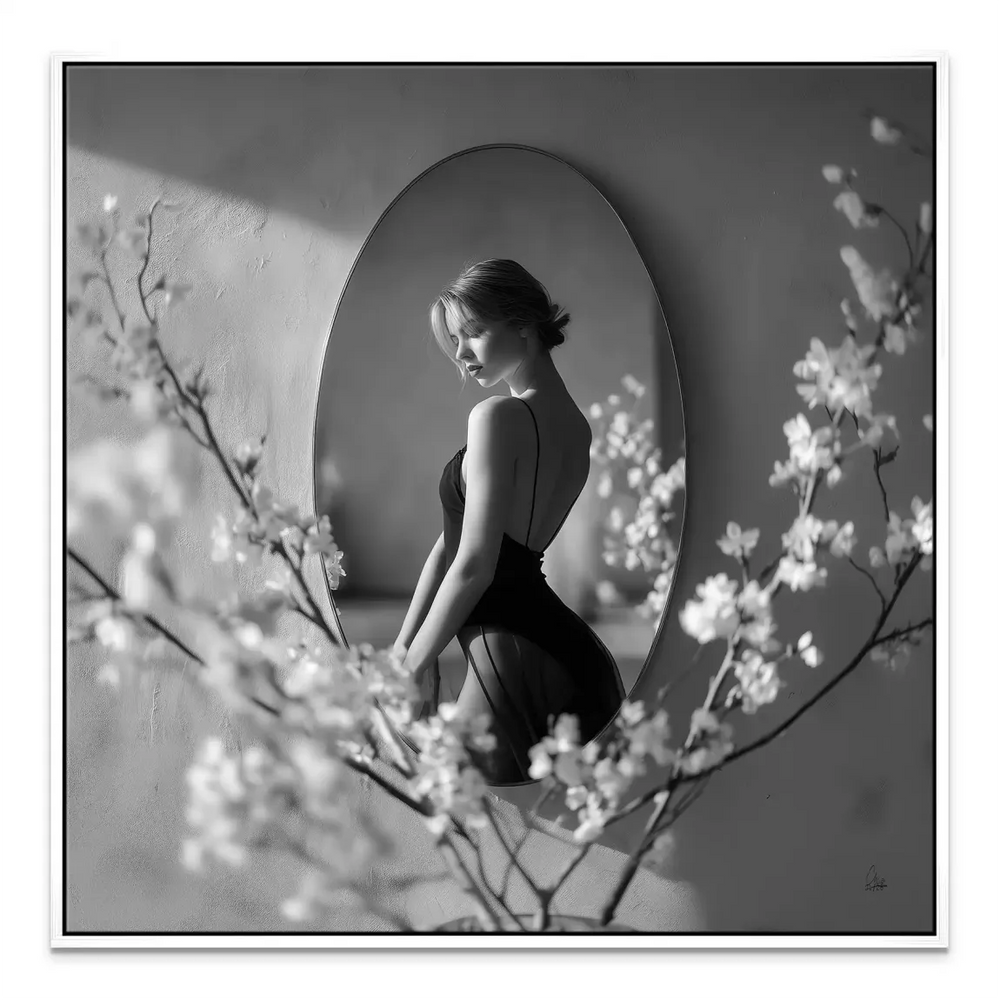 Velvet Muse Canvas Portrait - Black and White Woman Reflected in Mirror - Image 7
