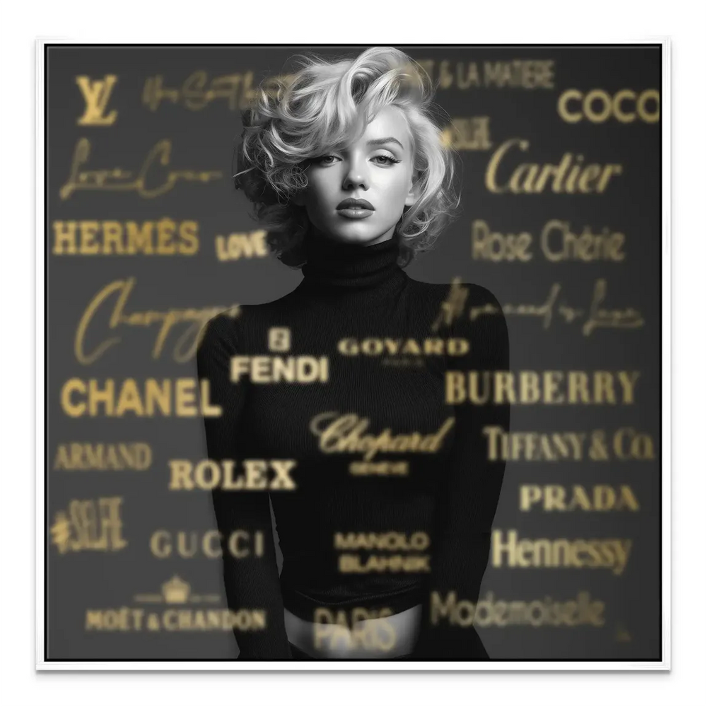 High-contrast Marilyn Monroe wall art in black, white, and gold tones.