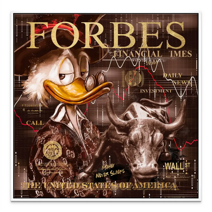 Contemporary pop graffiti style wall art blending cartoons with Wall Street imagery