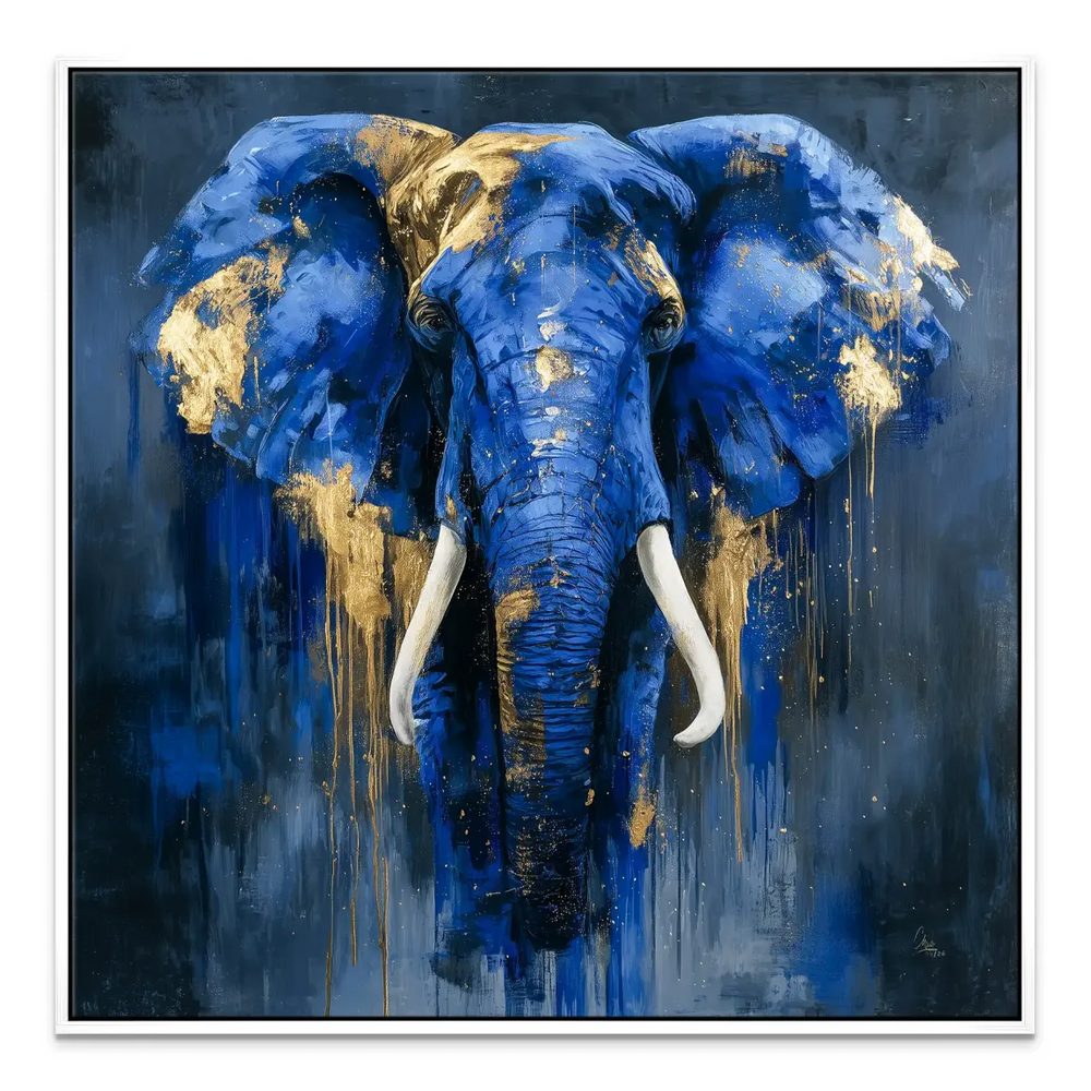 Contemporary animal wall art: blue elephant canvas with gold highlights