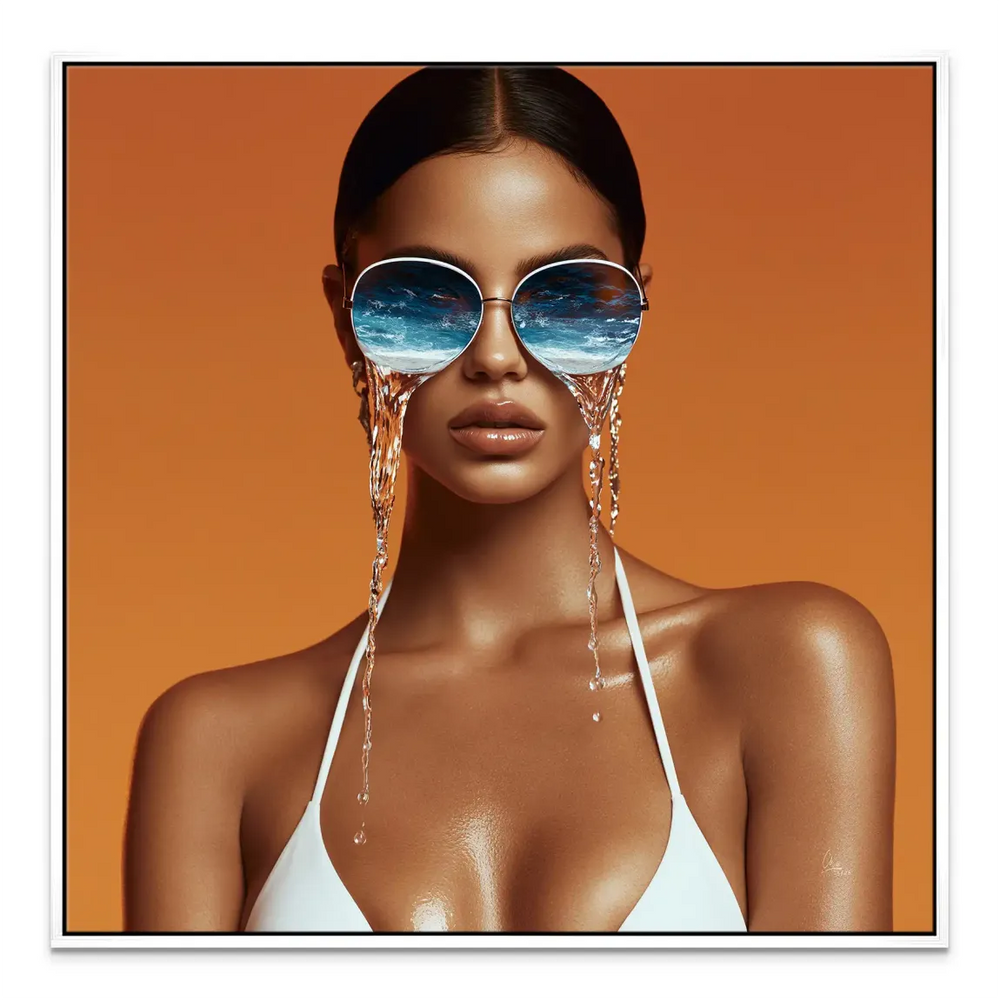 Statement wall art blending beach vibes with surreal portrait design.