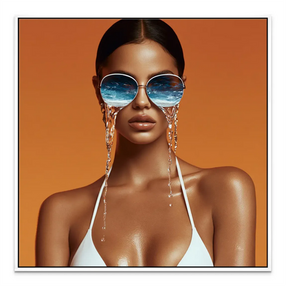 Statement wall art blending beach vibes with surreal portrait design.