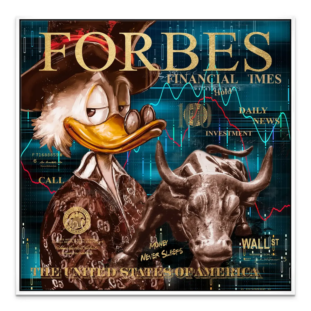 Overall composition featuring Scrooge McDuck with Wall Street iconography as a canvas print