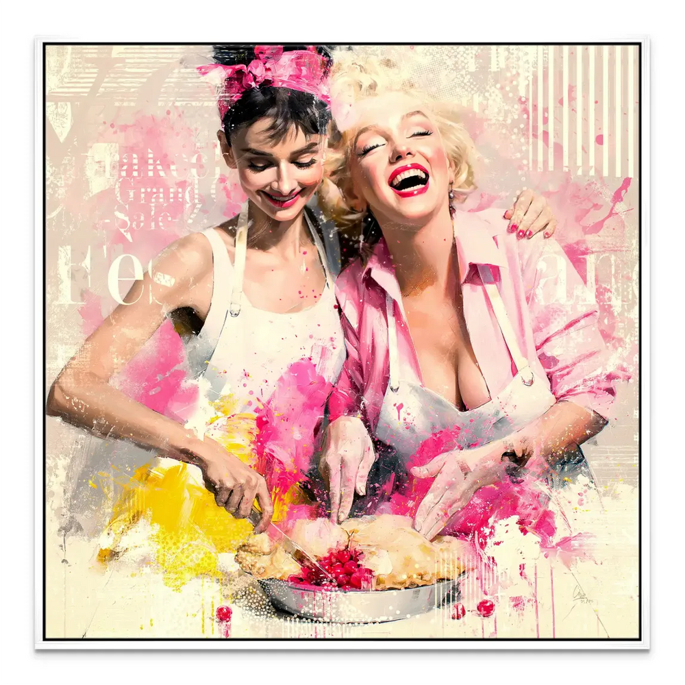 Dynamic collage of Audrey Hepburn and Marilyn Monroe in a gallery-ready canvas print.