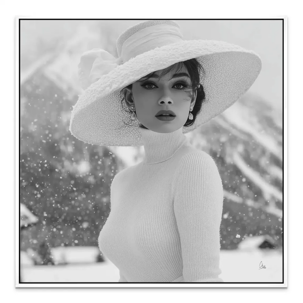 Winter landscape setting the fashion-forward portrait on canvas.