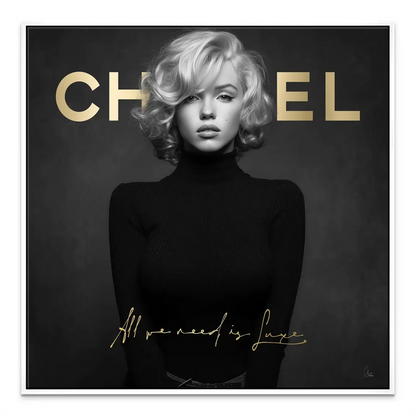 Bedroom wall art showcasing iconic Hollywood glamour in modern black-and-gold palette