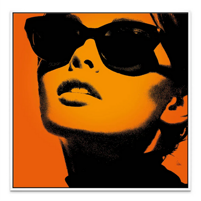Graphic halftone portrait on canvas in amber orange and black hues.