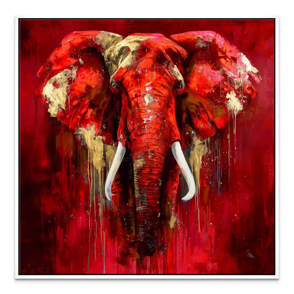 Living room focal point artwork: red elephant canvas with crimson tones