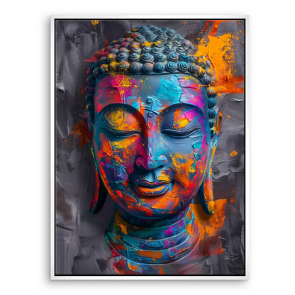 Close-up texture of Buddha canvas showing layered paint and striking color contrast.