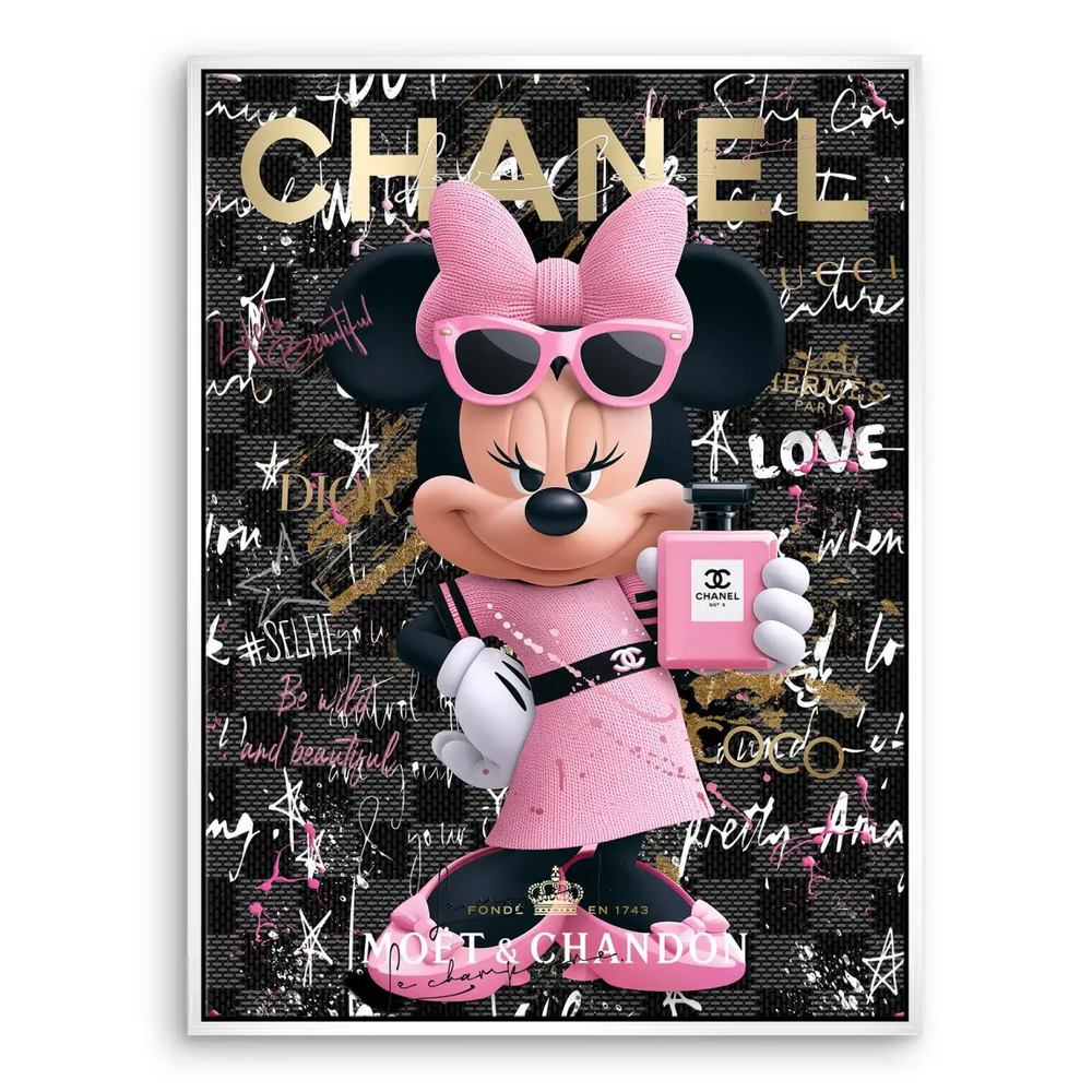 Pop art style Minnie Mouse wearing a couture outfit on wall art.