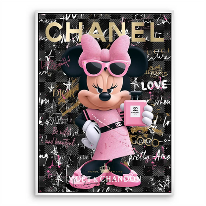 Pop art style Minnie Mouse wearing a couture outfit on wall art.