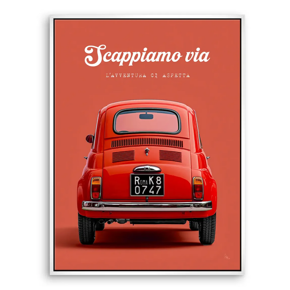 Vintage Italian design poster style with red Fiat 500