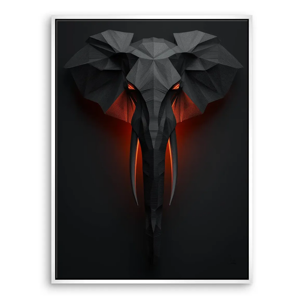 Statement piece for living room: dark canvas with high-contrast orange-eyed elephant