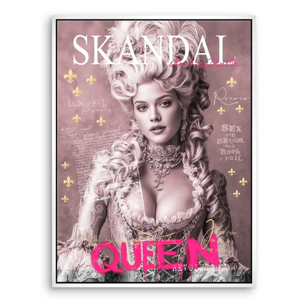 Direct gaze of a queen in a vivid pink background with white and gold highlights