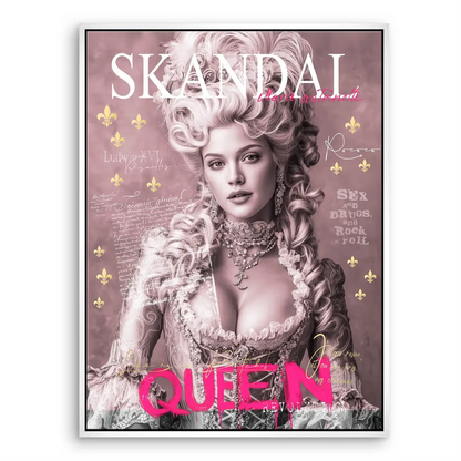 Direct gaze of a queen in a vivid pink background with white and gold highlights