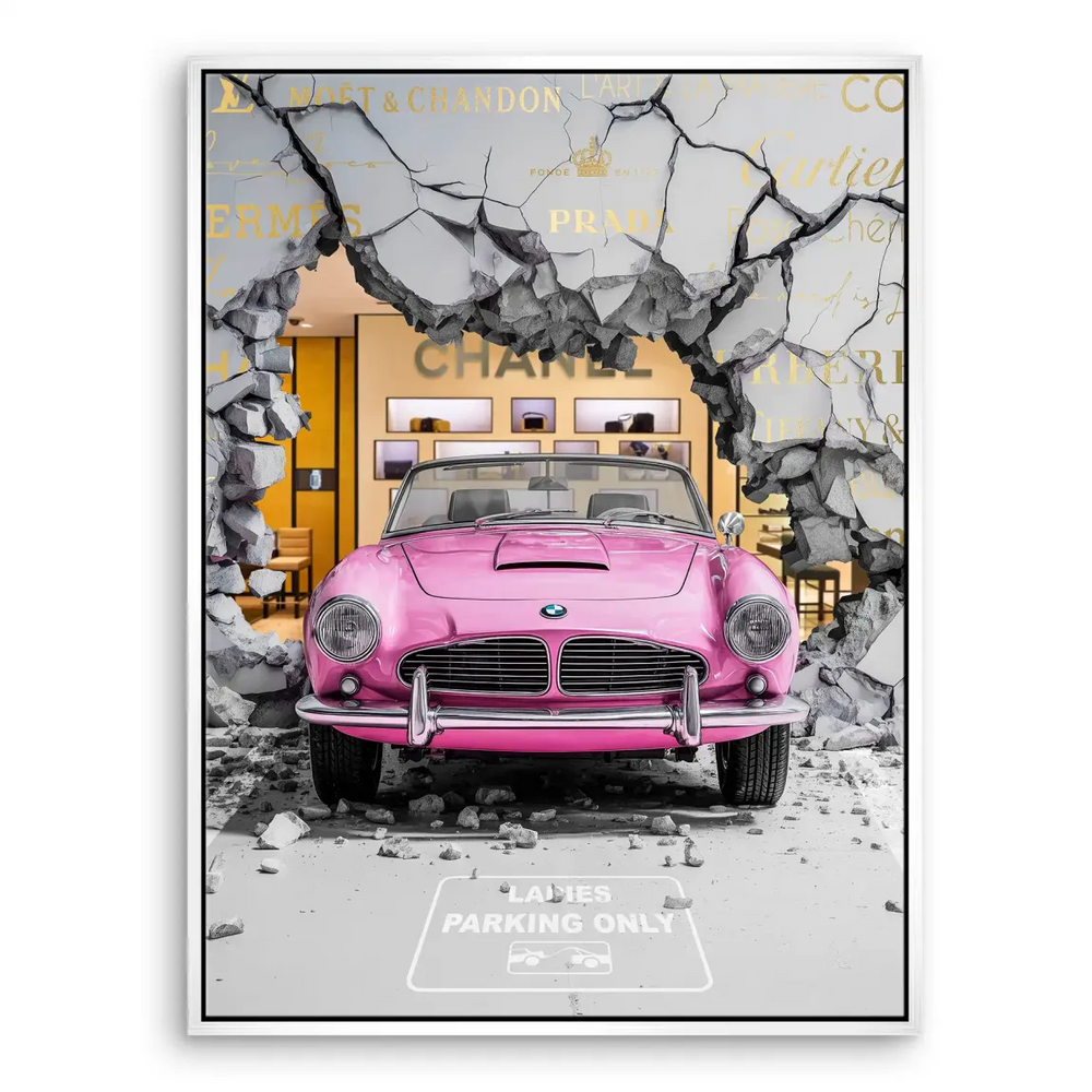 Coco Rebel Canvas Wall Art: Pink BMW Crashing Through Luxury Brands - Image 8