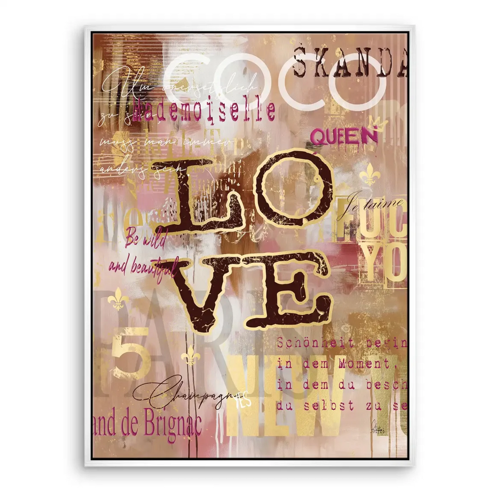 Statement wall art featuring multi-layered typography on a canvas