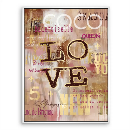 Statement wall art featuring multi-layered typography on a canvas