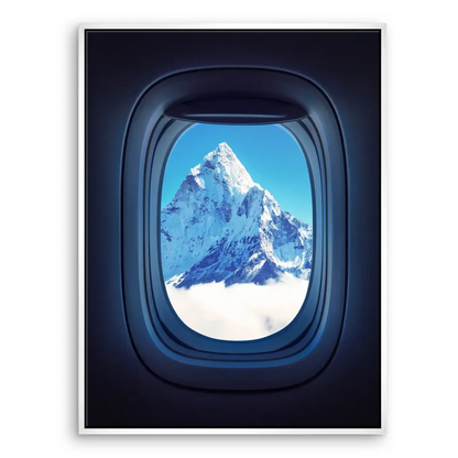 Room decor piece with aircraft-window framing of Mount Everest
