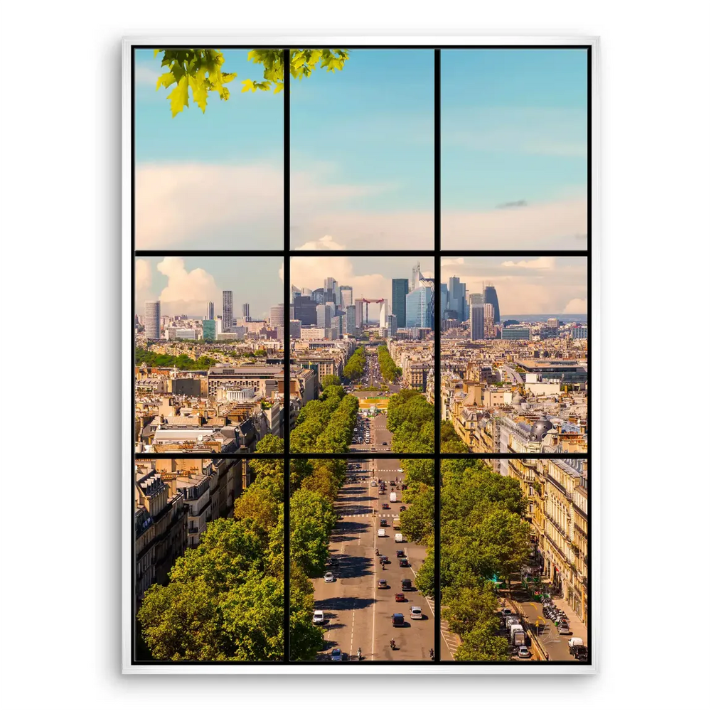 Stylized Paris street scene with a chic nine-panel window motif for home decor