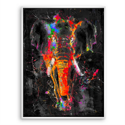 Gallery-ready elephant painting on dark textured background.