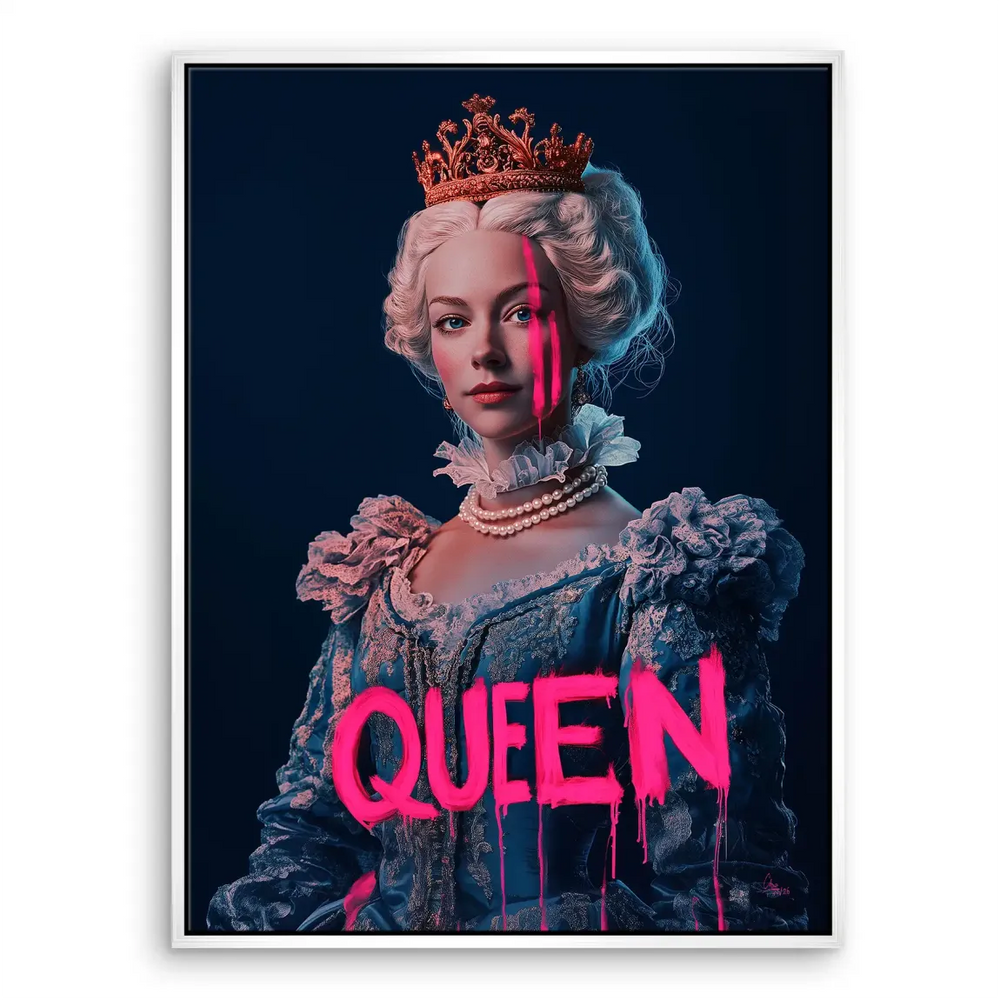 Pop art queen canvas print with crown and neon pink streaks