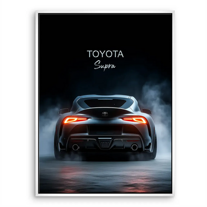 Black Toyota Supra canvas print with high-contrast glow and smoky atmosphere