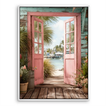 Overall composition of doorway framing a dreamy coastal landscape on canvas print.