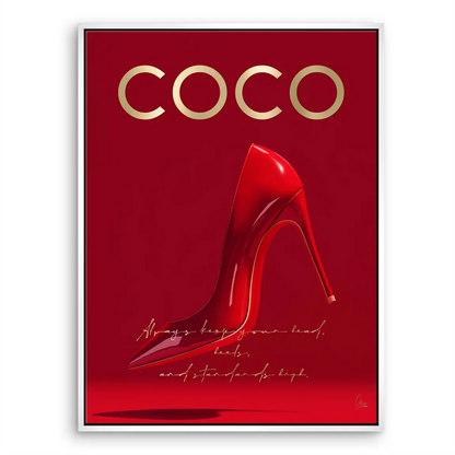Elegant red heel art with cursive motto on canvas