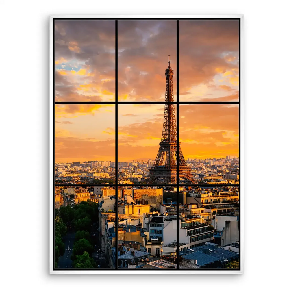 Large canvas print ideal for living rooms or offices with Paris-at-sunset theme.