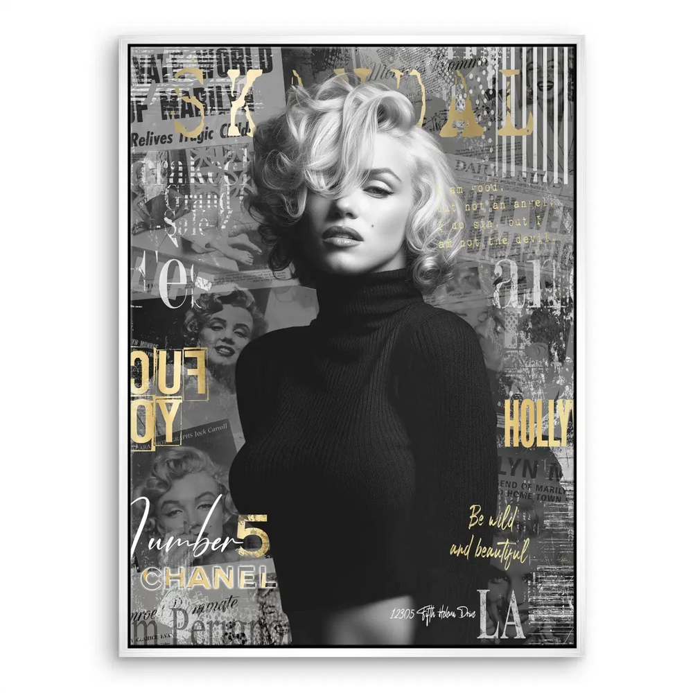 Elegant Marilyn Monroe canvas artwork in monochrome with gold details