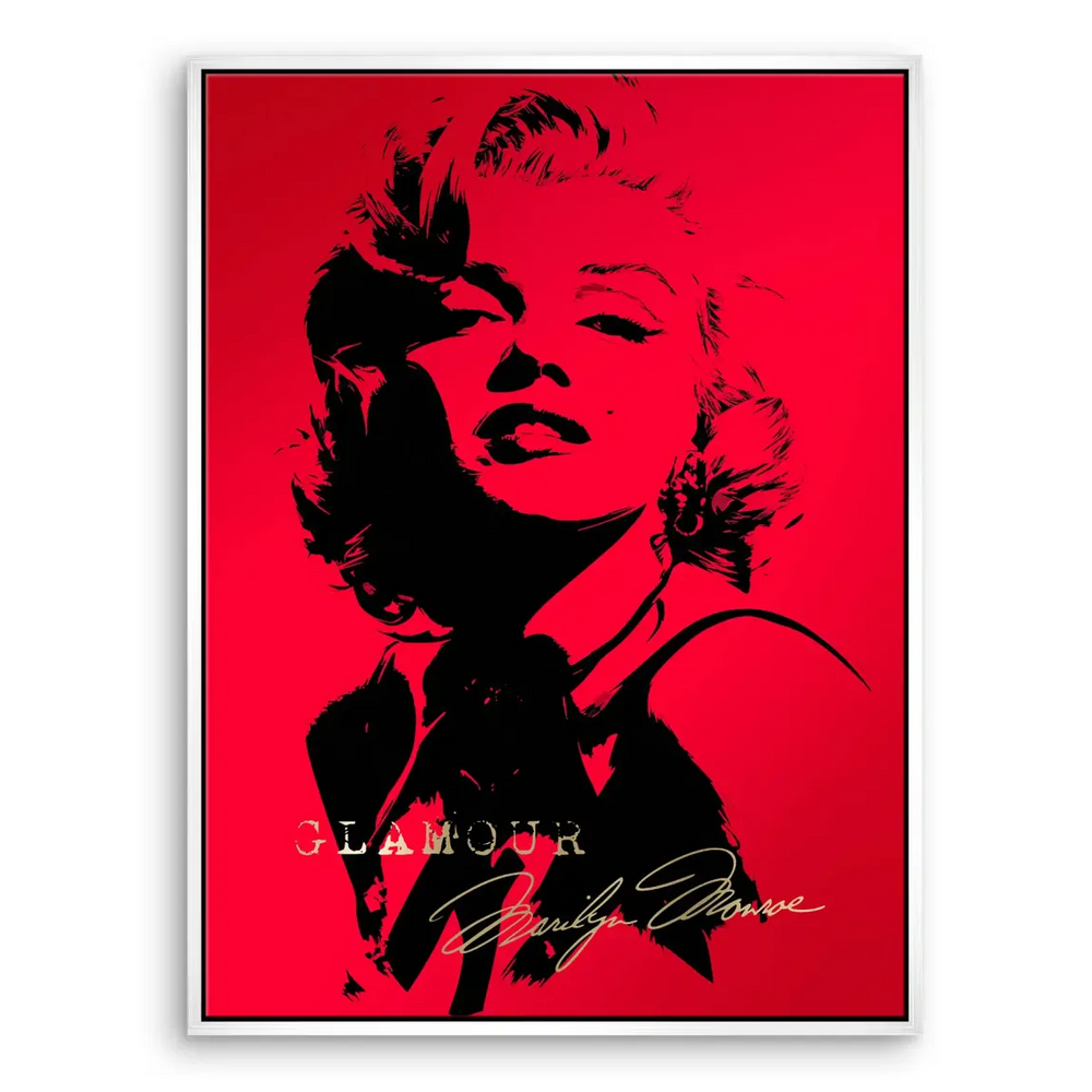 Contemporary wall art featuring Marilyn Monroe in a bold black portrait on red background