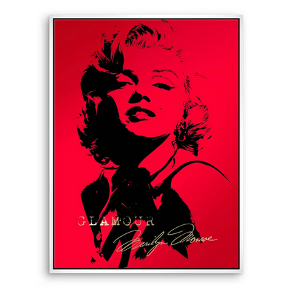 Contemporary wall art featuring Marilyn Monroe in a bold black portrait on red background