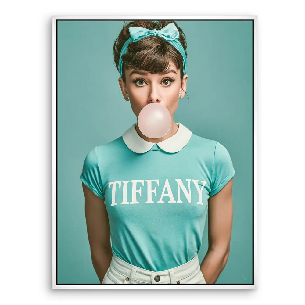 Canvas print for living rooms or dressing areas featuring an Audrey-like figure and bubblegum bubble